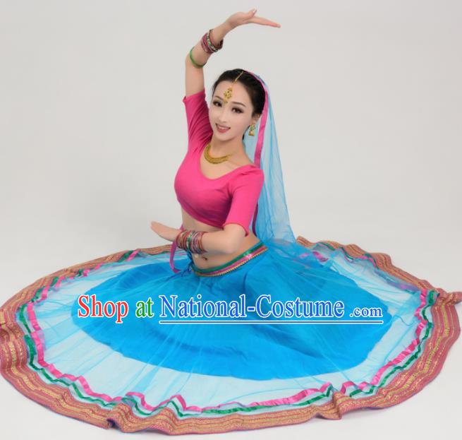 Asian India Traditional Bollywood Belly Dance Costumes South Asia Indian Princess Sari Blue Veil Dress for Women