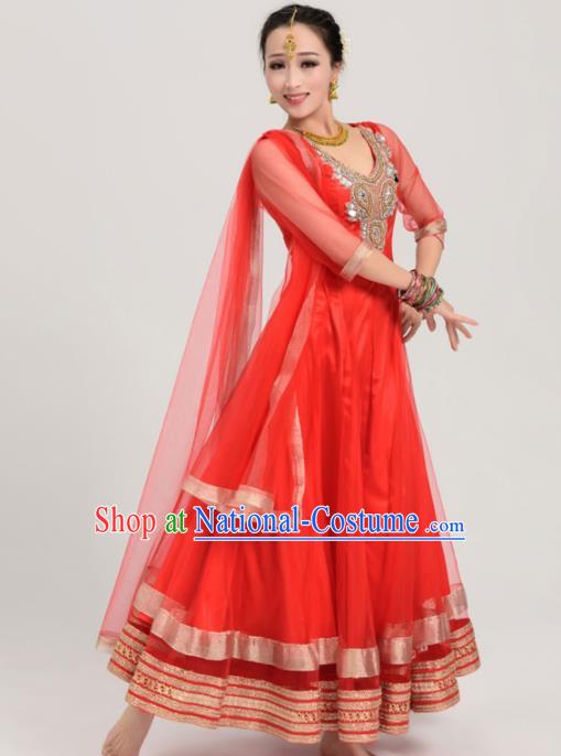 Asian India Traditional Bollywood Costumes South Asia Indian Belly Dance Red Veil Sari Dress for Women