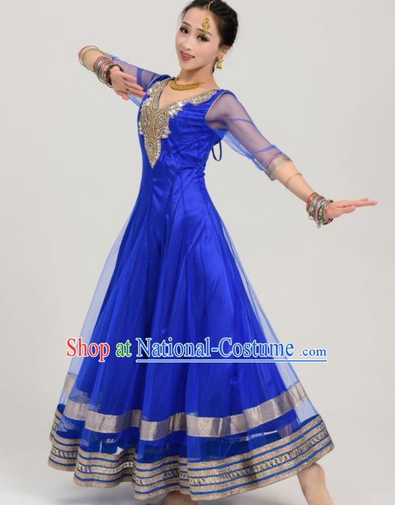 Asian India Traditional Bollywood Costumes South Asia Indian Belly Dance Royalblue Veil Sari Dress for Women