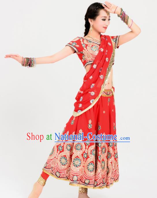 Asian India Princess Traditional Bollywood Costumes South Asia Indian Belly Dance Red Sari Dress for Women