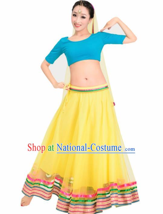 Asian India Princess Traditional Oriental Bollywood Costumes South Asia Indian Belly Dance Yellow Veil Sari Dress for Women