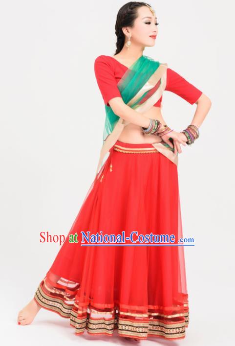 Asian India Princess Traditional Oriental Bollywood Costumes South Asia Indian Belly Dance Red Veil Sari Dress for Women