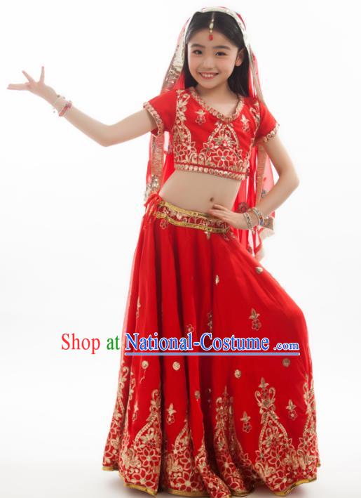 Asian India Princess Traditional Oriental Bollywood Costumes South Asia Indian Belly Dance Red Sari Dress for Kids