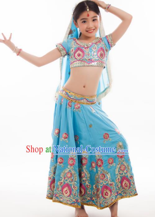 Asian India Princess Traditional Oriental Bollywood Costumes South Asia Indian Belly Dance Blue Sari Dress for Kids