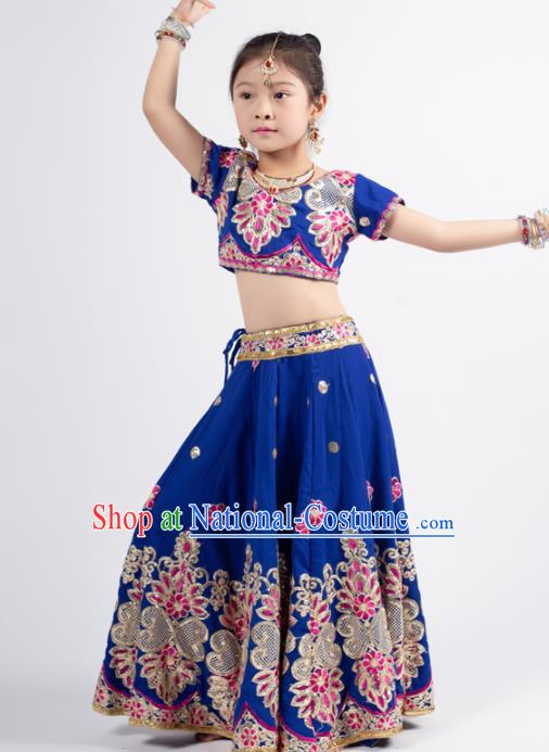 Asian India Princess Traditional Oriental Bollywood Costumes South Asia Indian Belly Dance Royalblue Sari Dress for Kids