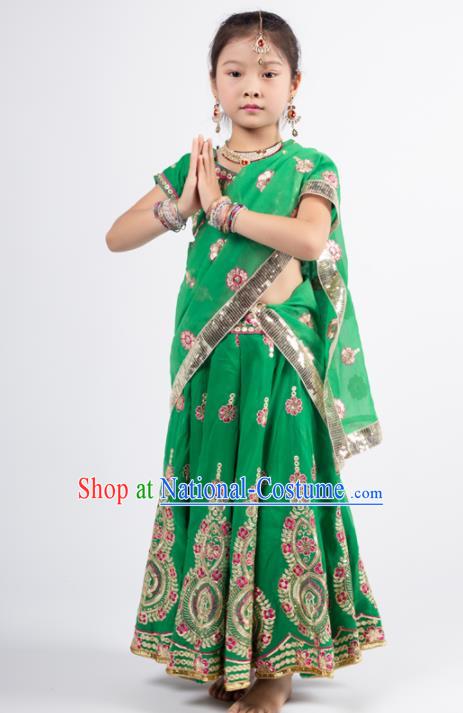 Asian India Princess Traditional Oriental Bollywood Costumes South Asia Indian Belly Dance Green Sari Dress for Kids