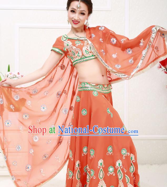 Asian India Princess Traditional Oriental Bollywood Orange Costumes South Asia Indian Belly Dance Sari Dress for Women