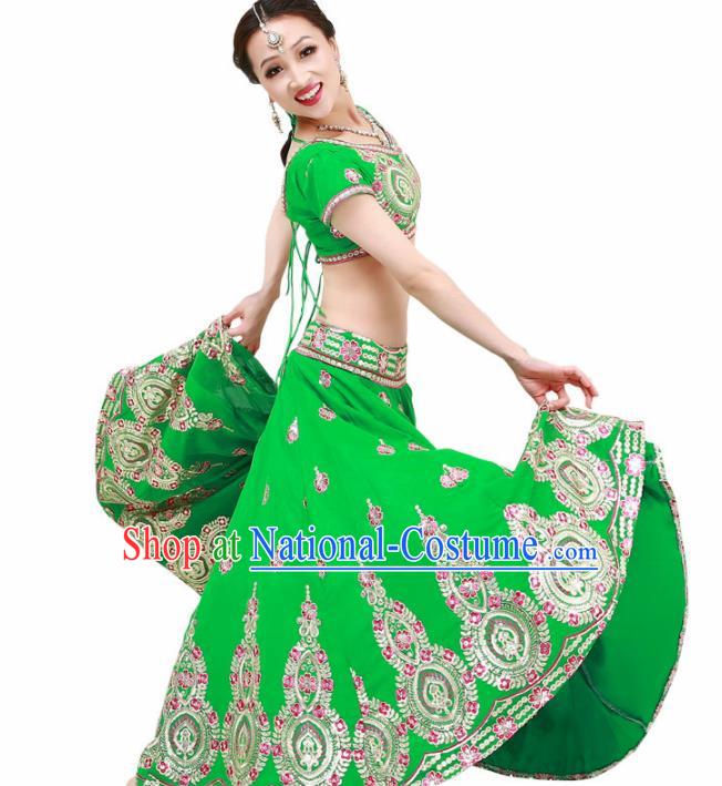 Asian India Princess Traditional Oriental Bollywood Green Costumes South Asia Indian Belly Dance Sari Dress for Women