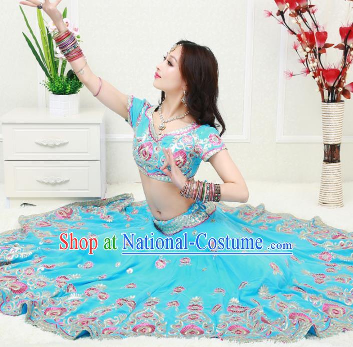 Asian India Princess Traditional Oriental Bollywood Blue Costumes South Asia Indian Belly Dance Sari Dress for Women