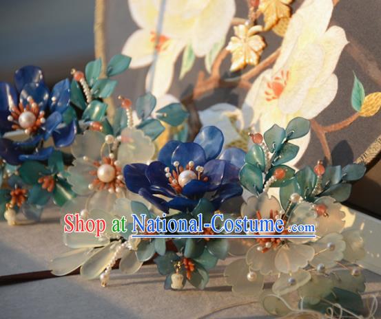 Traditional Chinese Hanfu Hair Accessories Ancient Princess Green and Blue Flowers Hairpins for Women