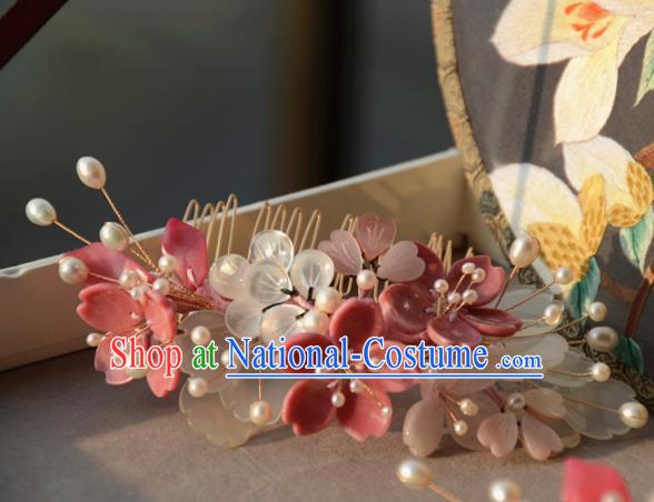 Traditional Chinese Hanfu Hair Accessories Ancient Princess Pink and White Flowers Hair Comb for Women