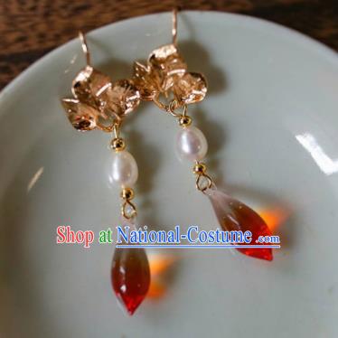 Traditional Chinese Hanfu Accessories Ancient Princess Pearls Red Crystal Earrings for Women