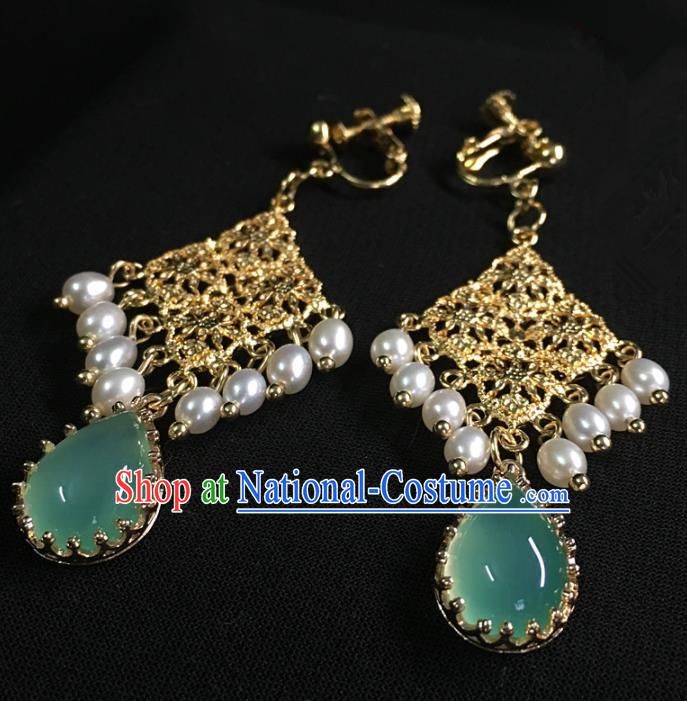 Traditional Chinese Hanfu Accessories Ancient Princess Pearls Green Agate Earrings for Women