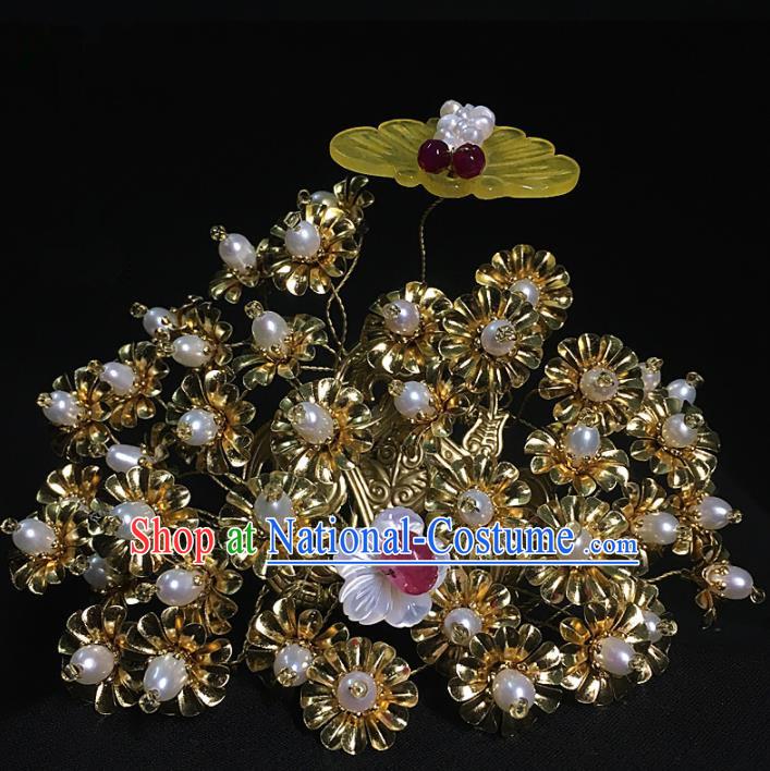 Traditional Chinese Hanfu Jade Golden Hair Crown Hair Accessories Ancient Imperial Consort Hairpins for Women