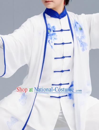 Asian Chinese Martial Arts Wushu Costume Traditional Tai Ji Kung Fu Training Printing Peony White Uniform for Women