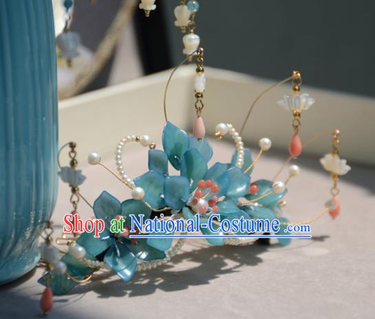 Traditional Chinese Hanfu Hair Accessories Ancient Princess Blue Flowers Hair Crown Tassel Hairpins for Women