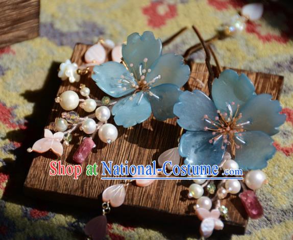 Traditional Chinese Hanfu Hair Accessories Ancient Princess Pearls Blue Flowers Tassel Hairpins for Women