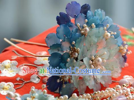 Traditional Chinese Hanfu Blue Peony Hair Clip Hair Accessories Ancient Princess Hairpins for Women