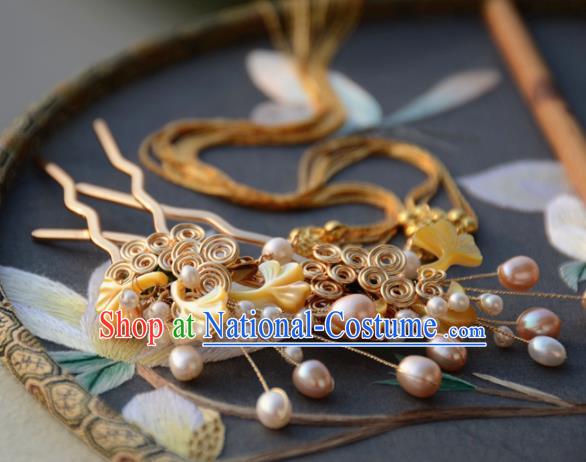 Traditional Chinese Hanfu Pearls Golden Hair Clip Hair Accessories Ancient Princess Hairpins for Women