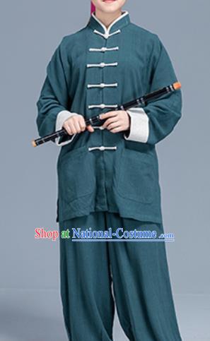 Asian Chinese Traditional Martial Arts Green Linen Costume Tai Ji Kung Fu Training Uniform for Women