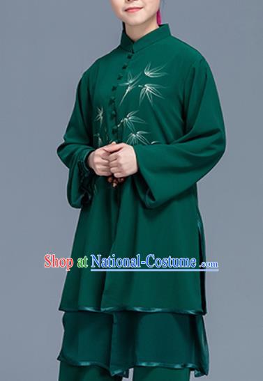 Asian Chinese Traditional Martial Arts Printing Bamboo Green Costume Tai Ji Kung Fu Training Uniform for Women