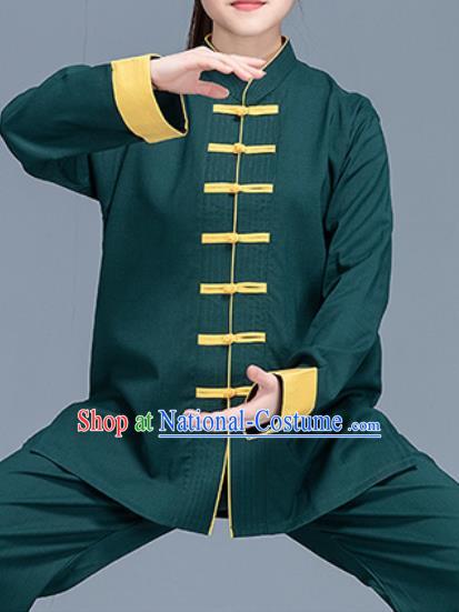 Asian Chinese Traditional Martial Arts Costume Tai Ji Kung Fu Training Green Linen Uniform for Women