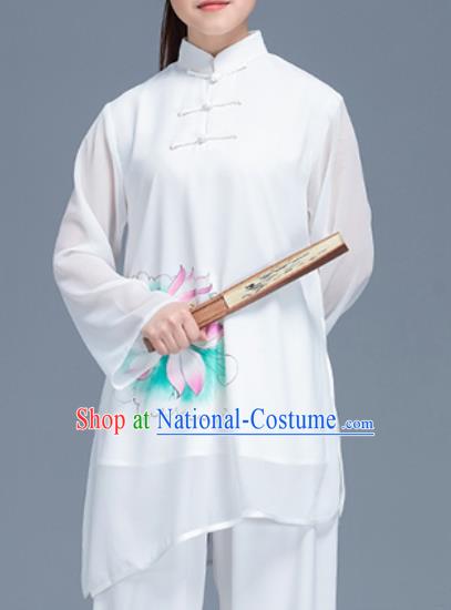 Asian Chinese Traditional Martial Arts Costume Tai Ji Kung Fu Training Printing Lotus Uniform for Women