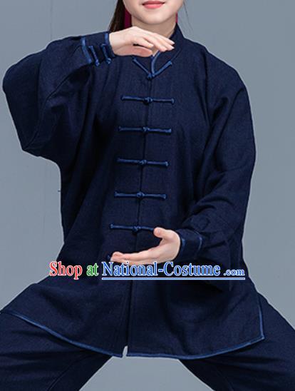 Asian Chinese Traditional Martial Arts Costume Tai Ji Kung Fu Training Navy Uniform for Women