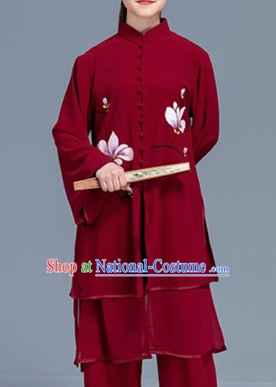 Asian Chinese Traditional Martial Arts Printing Magnolia Red Costume Tai Ji Kung Fu Training Uniform for Women