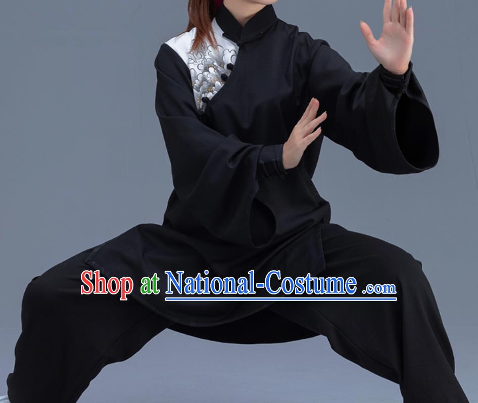 Asian Chinese Traditional Martial Arts Printing Peony Black Costume Tai Ji Kung Fu Training Uniform for Women