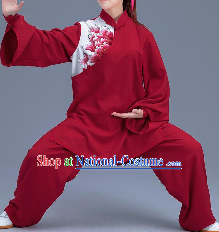 Asian Chinese Traditional Martial Arts Printing Peony Red Costume Tai Ji Kung Fu Training Uniform for Women