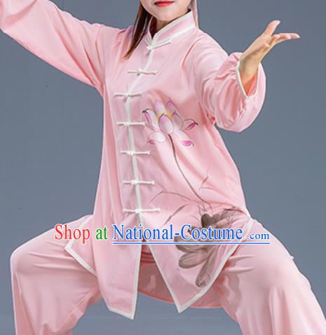 Asian Chinese Traditional Martial Arts Kung Fu Printing Lotus Pink Costume Tai Ji Training Group Competition Uniform for Women