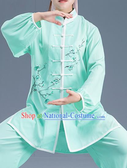 Asian Chinese Traditional Martial Arts Kung Fu Printing Plum Blossom Green Costume Tai Ji Training Group Competition Uniform for Women