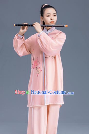 Asian Chinese Martial Arts Traditional Kung Fu Printing Pink Costume Tai Ji Training Group Competition Uniform for Women