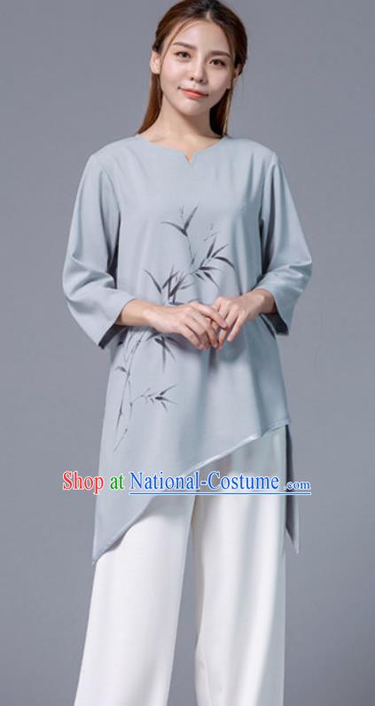 Asian Chinese Martial Arts Traditional Kung Fu Printing Bamboo Grey Costume Tai Ji Training Group Competition Uniform for Women