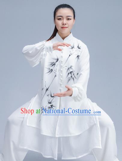 Asian Chinese Martial Arts Traditional Kung Fu Costume Tai Ji Training Group Competition Printing Bamboo White Uniform for Women