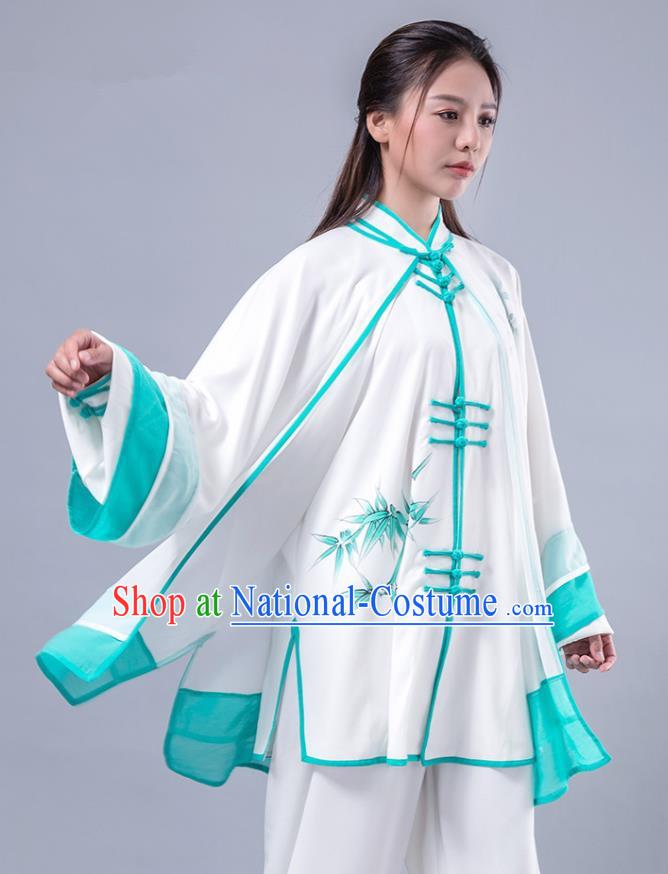 Asian Chinese Martial Arts Traditional Kung Fu Costume Tai Ji Training Group Competition Printing Bamboo Green Uniform for Women