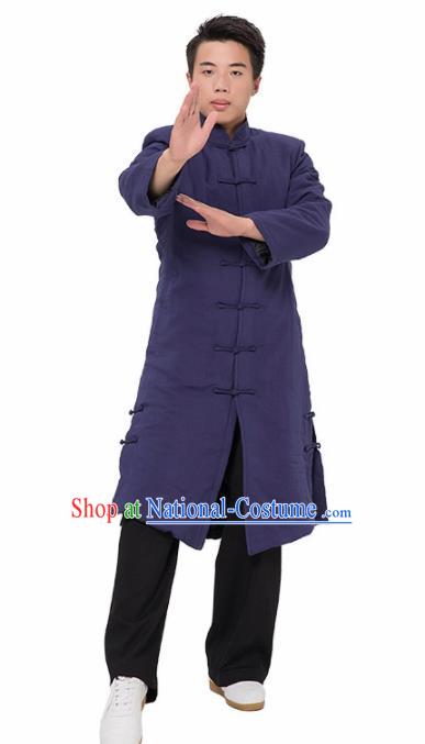 Asian Chinese Traditional Martial Arts Kung Fu Costume Tai Ji Taoist Priest Navy Cotton Padded Coat for Men