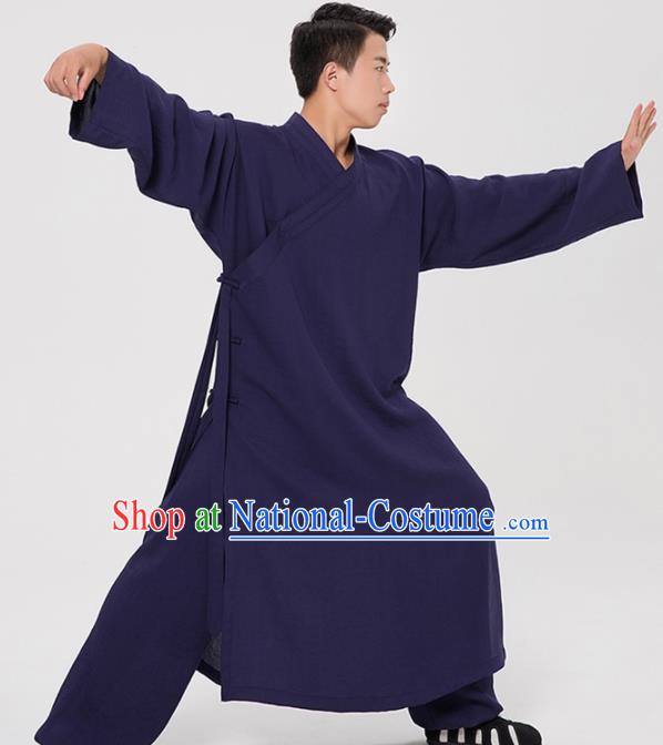 Asian Chinese Traditional Martial Arts Kung Fu Costume Tang Suit Tai Ji Navy Robe for Men