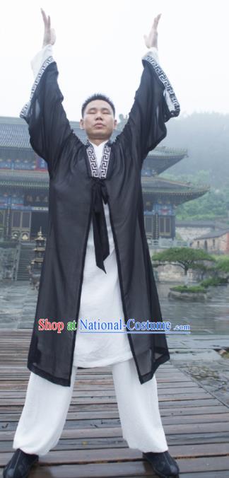 Asian Chinese Traditional Martial Arts Kung Fu Costume Wudang Taoist Priest Tai Ji Black Robe for Men