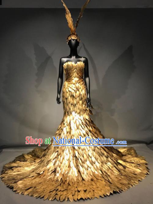 Top Grade Stage Performance Golden Feather Dress Brazilian Carnival Halloween Costume for Women