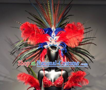 Top Grade Halloween Stage Performance Props Brazilian Carnival Red Feather Wings and Headwear for Women