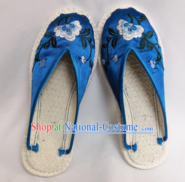 Chinese Ancient Princess Shoes Traditional Blue Satin Slippers Hanfu Shoes Embroidered Shoes for Women