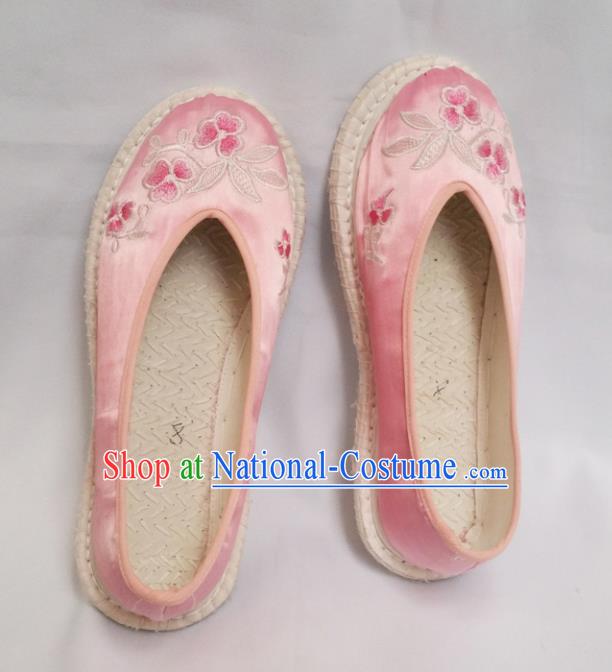 Chinese Ancient Princess Shoes Traditional Embroidered Pink Satin Shoes Hanfu Shoes for Women