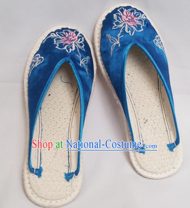 Chinese Ancient Princess Blue Satin Slippers Traditional Embroidered Peony Shoes Hanfu Shoes for Women