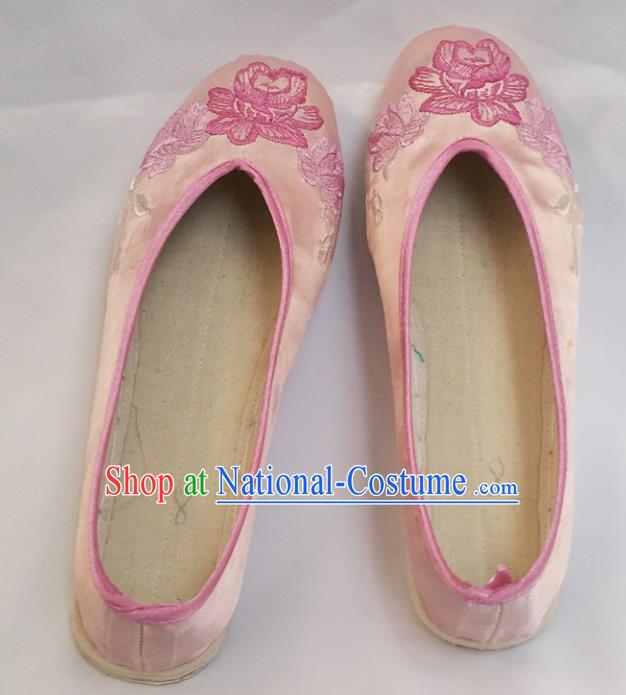 Chinese Ancient Princess Shoes Traditional Cloth Shoes Hanfu Shoes Pink Embroidered Peony Shoes for Women