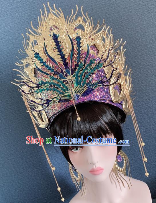 Chinese Handmade Purple Crystal Phoenix Hat Hair Accessories Halloween Modern Fancywork Headwear for Women