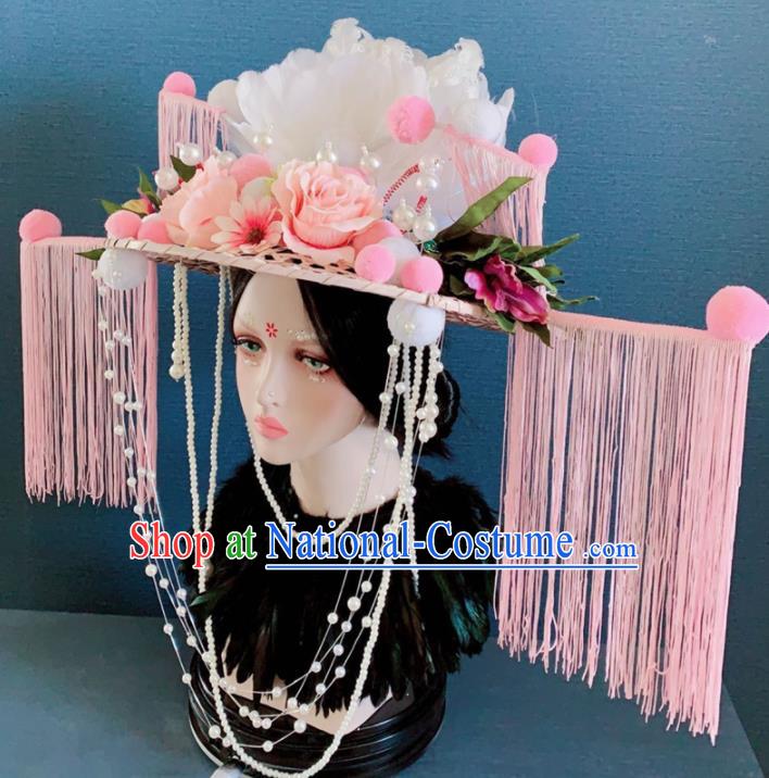 Chinese Handmade Pink Tassel Hat Hair Accessories Halloween Modern Fancywork Headwear for Women