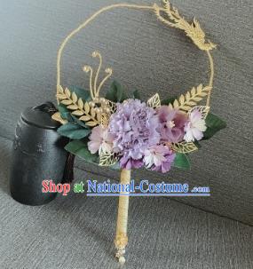 Chinese Traditional Wedding Palace Fans Ancient Bride Purple Flowers Phoenix Round Fans for Women