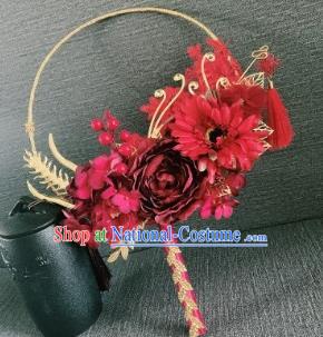 Chinese Traditional Wedding Palace Fans Ancient Bride Red Flowers Phoenix Round Fans for Women